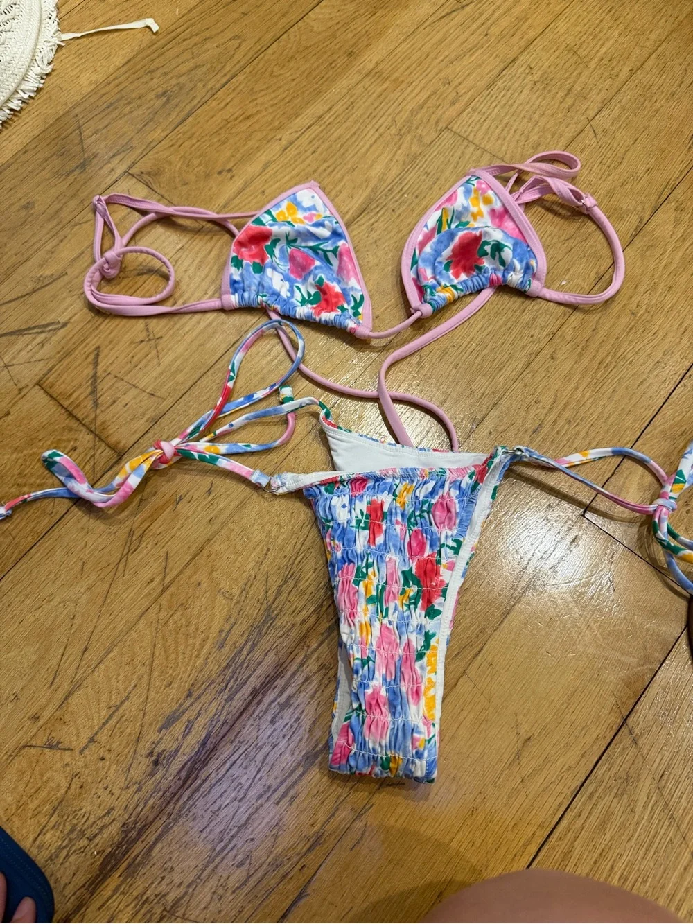 Frankie's Bikinis Floral Pink Multicolor Tie-Side String Bikini